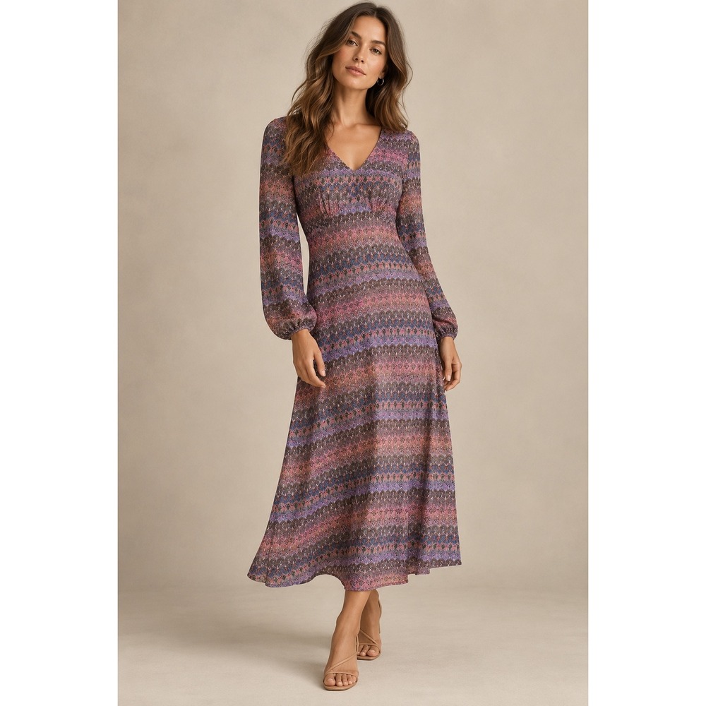 Altar'd State Pink Purple Chevron Crochet Knit V-Neck Midi Dress Small D53067